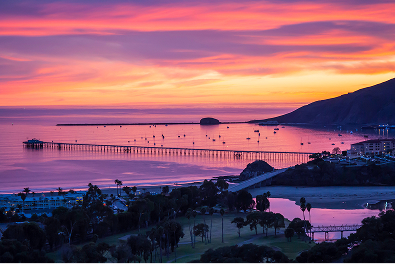 Cinematic sunset looking down at Avila Beach and Port San Luis during an on-location commercial media production shoot.