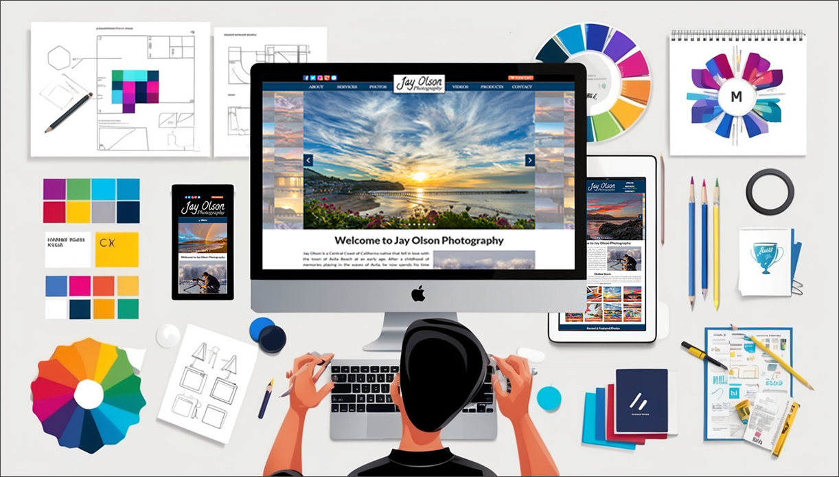 Looking down on a mockup of a desk with a guy in the middle of designing a website for all devices