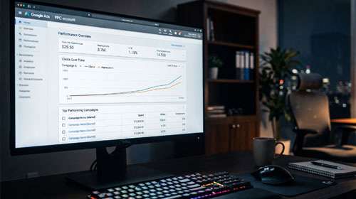 A bright computer screen lighting up a dark office showing big growth from digital media assets