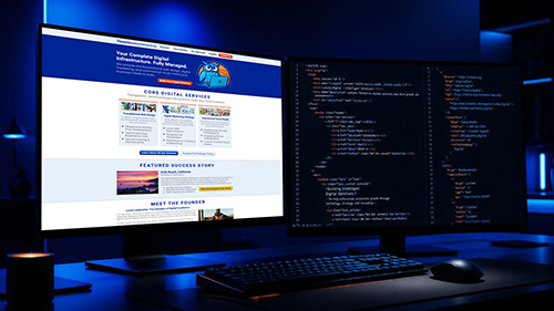 Two monitors on a dark desk: the Sleepless Interactive homepage on the left and structured data code on the right.